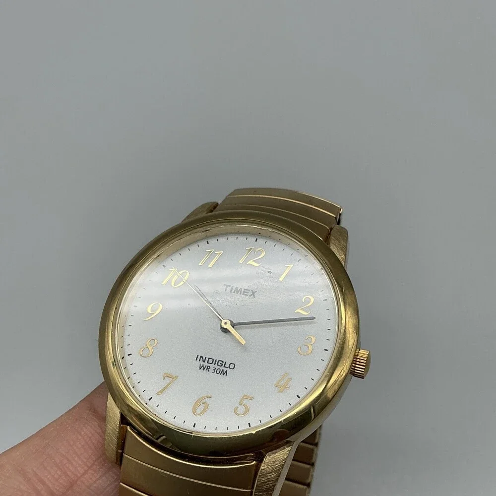 Timex Indiglo Mens Watch 35mm White Dial Gold Tone Stretch Bracelet New Battery
